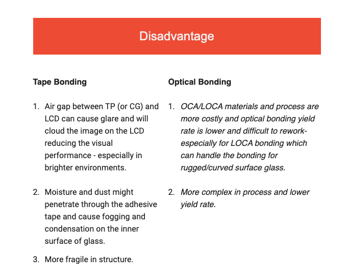 disadvantage tape vs optical bonding